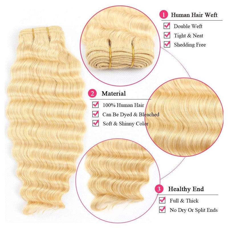HC 12A 613 Blonde Deep Wave Human Hair Bundles 22Inch 100% Unprocessed Brazilian Virgin Hair Extensions, Soft Double Weft Weave Curly Deep Wave Bundles Human Hair for Women (22inch) - Image 3